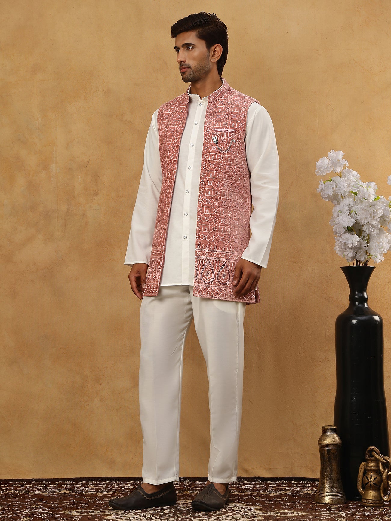 Men Solid Kurta Set with Velvet Embroidered Waistcoat ( 65KPWC 5509W 4149Magenta )