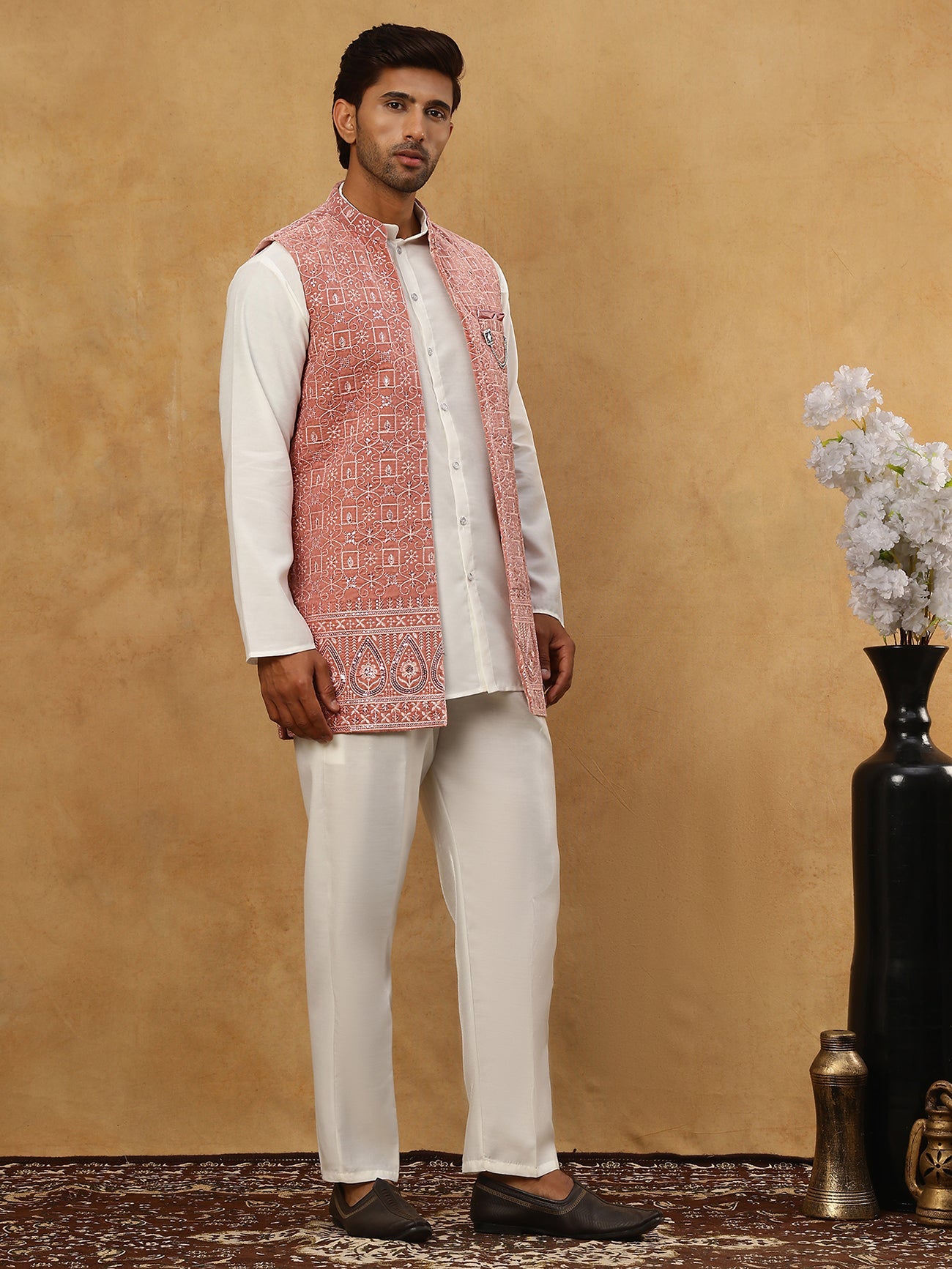 Men Solid Kurta Set with Velvet Embroidered Waistcoat ( 65KPWC 5509W 4149Magenta )