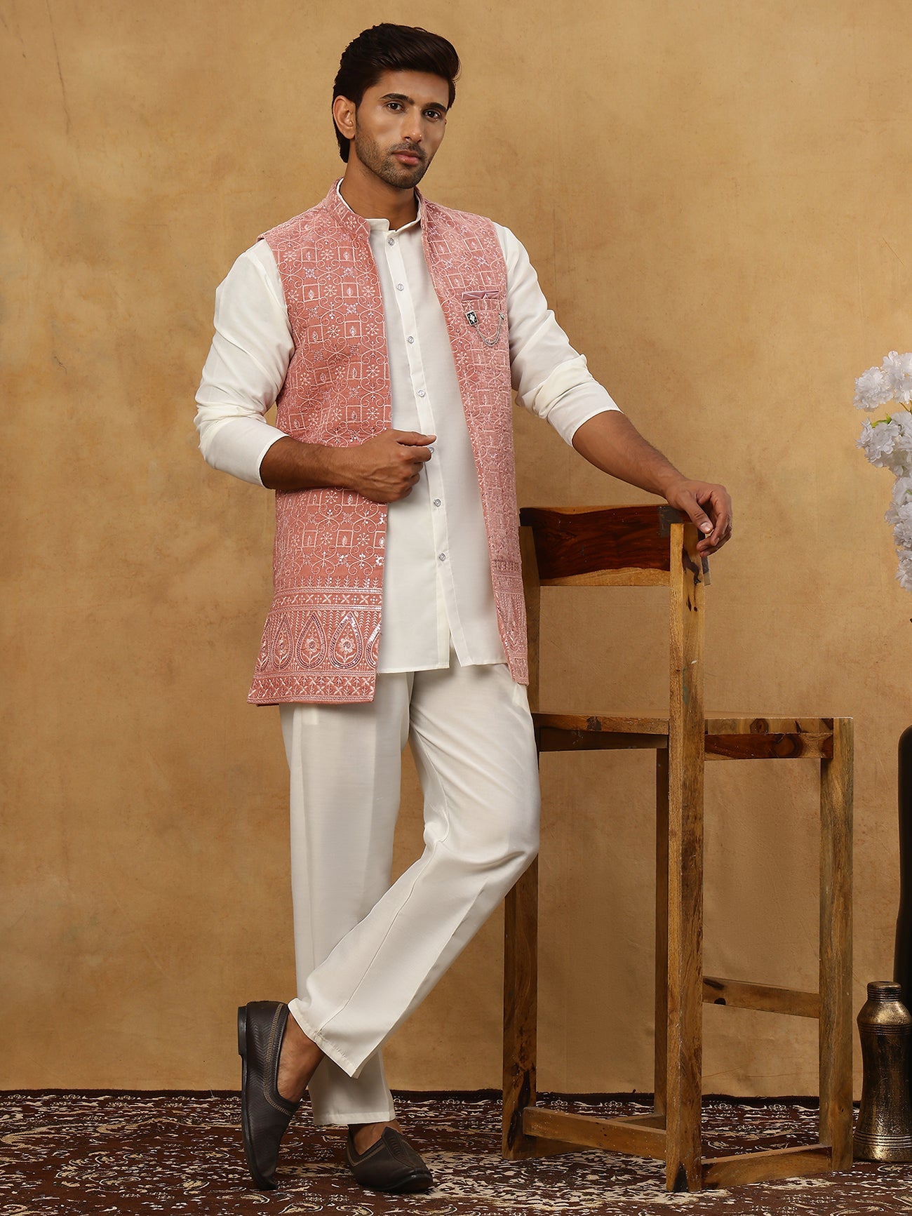 Men Solid Kurta Set with Velvet Embroidered Waistcoat ( 65KPWC 5509W 4149Magenta )