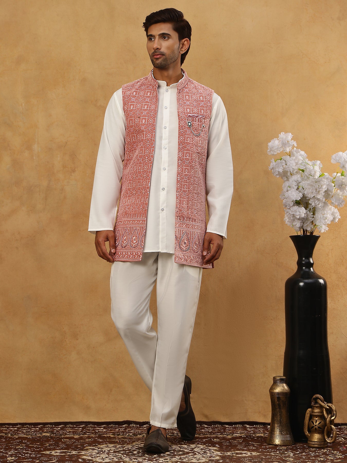 Men Solid Kurta Set with Velvet Embroidered Waistcoat ( 65KPWC 5509W 4149Magenta )