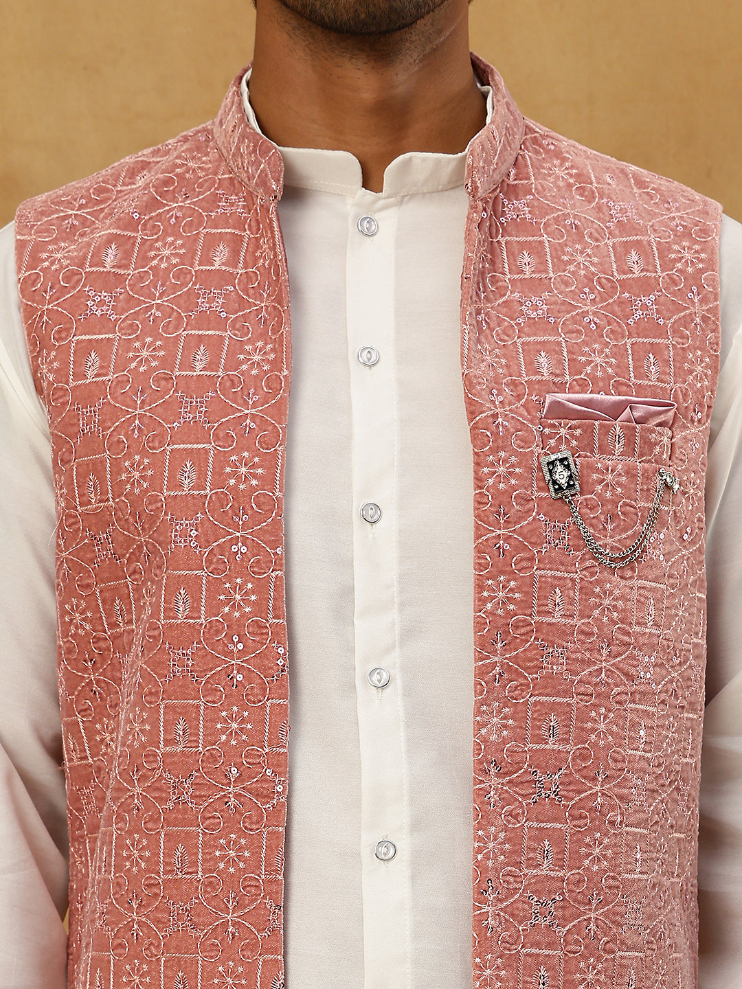 Men Solid Kurta Set with Velvet Embroidered Waistcoat ( 65KPWC 5509W 4149Magenta )