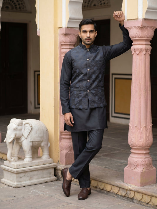 Men Ethnic Embossed Nehru Jacket Kurta Pyjama Set ( JOKPWC 5586B 4133Grey )