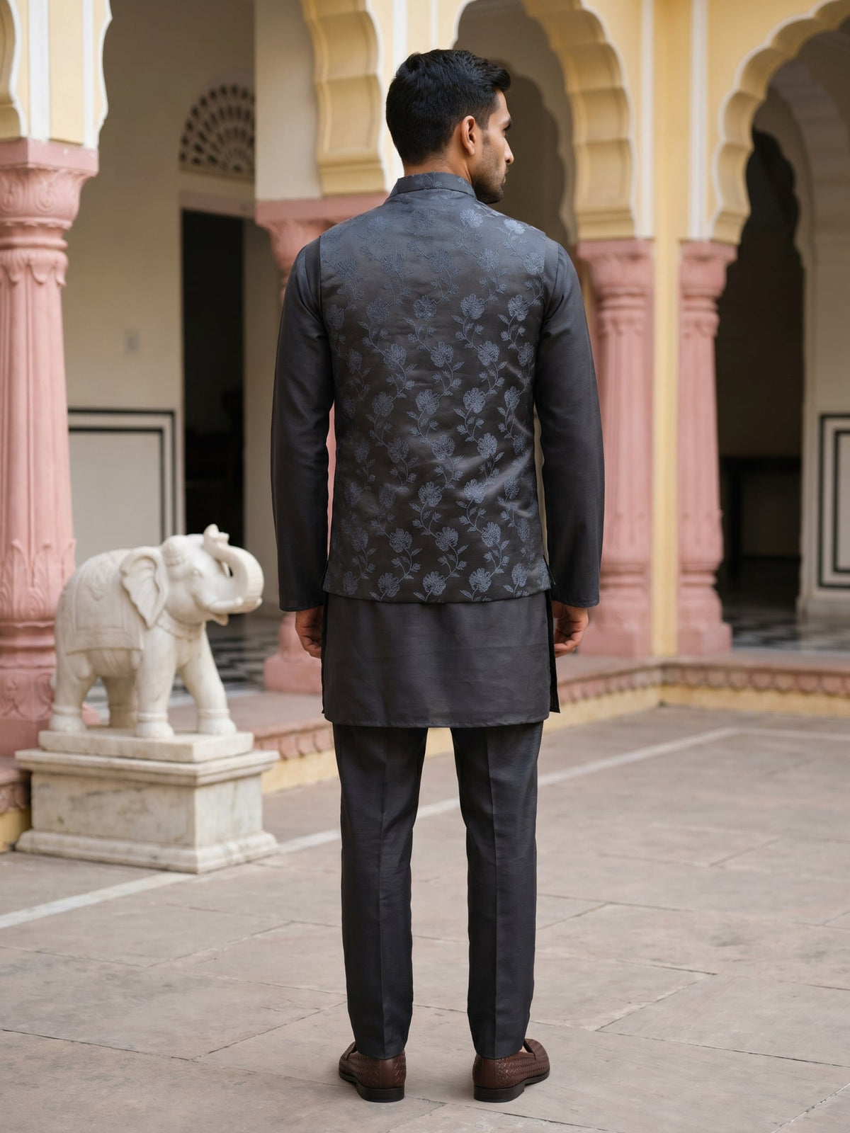 Men Ethnic Embossed Nehru Jacket Kurta Pyjama Set ( JOKPWC 5586B 4133Grey )