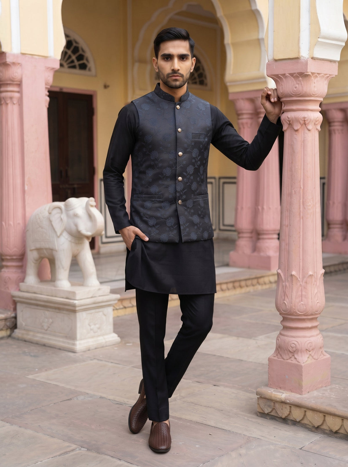 Men Ethnic Embossed Nehru Jacket Kurta Pyjama Set ( JOKPWC 5586B 4133Grey )