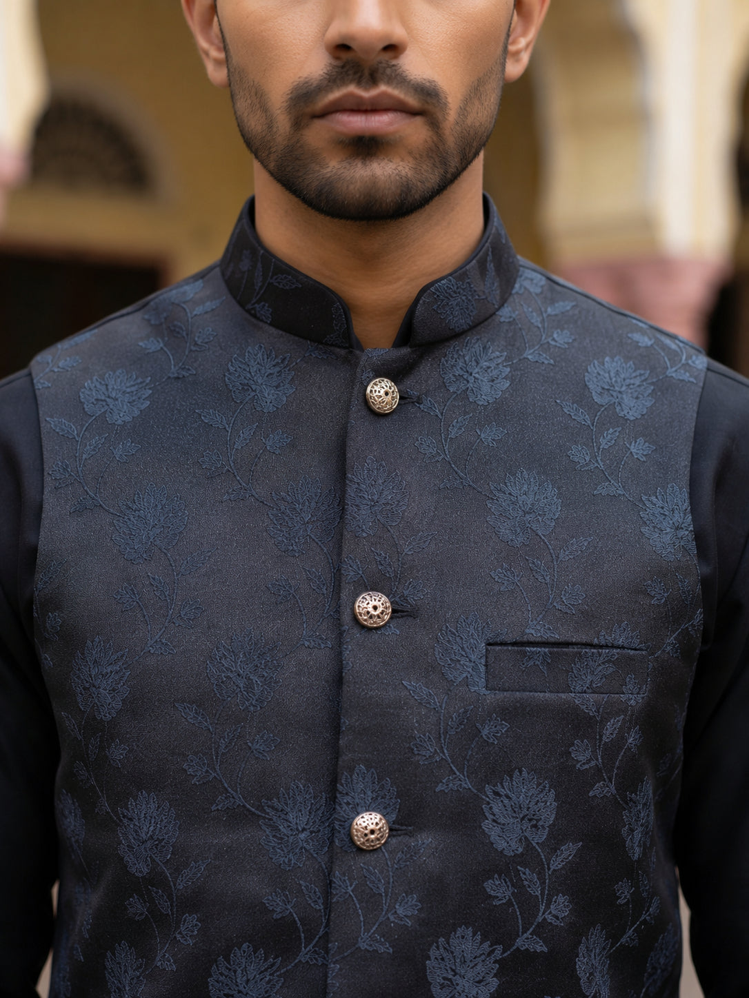 Men Ethnic Embossed Nehru Jacket Kurta Pyjama Set ( JOKPWC 5586B 4133Grey )