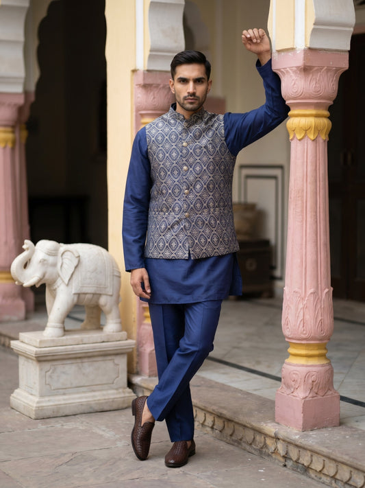 Men's Ethnic Woven Design Nehru Jacket with Kurta Pyjama ( JOKPWC 5586N 4072Brown )
