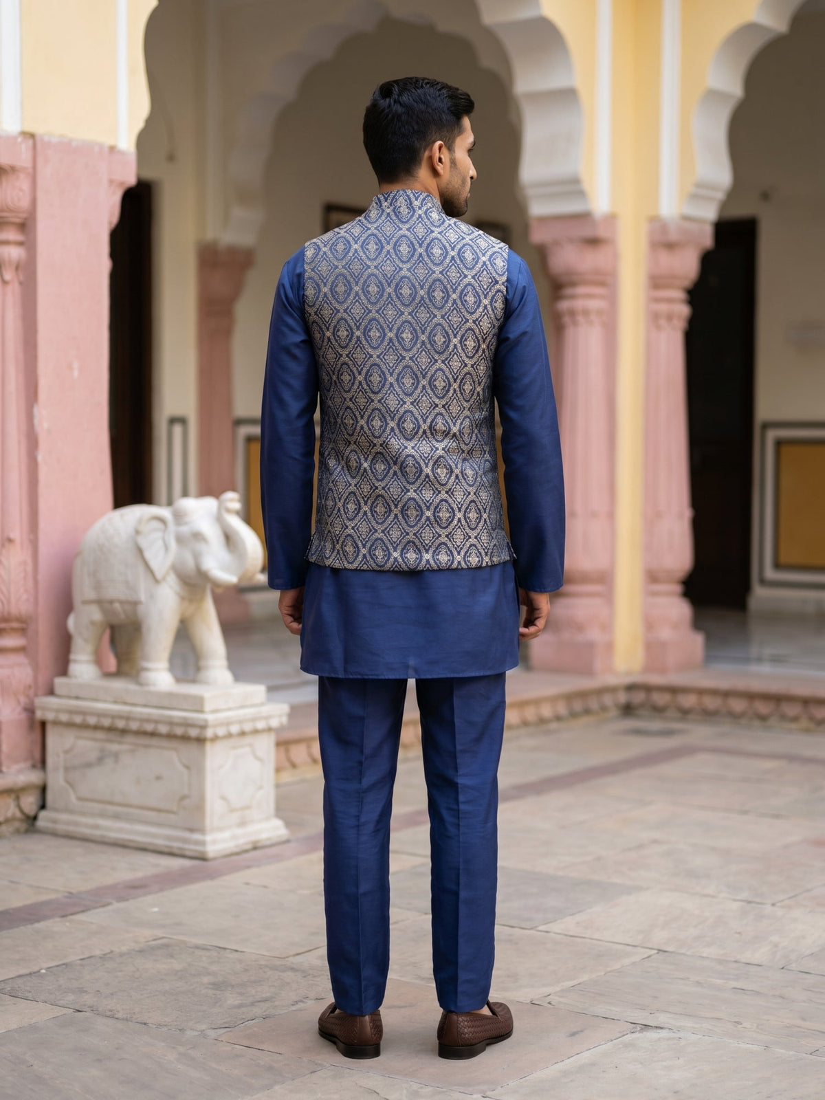 Men's Ethnic Woven Design Nehru Jacket with Kurta Pyjama ( JOKPWC 5586N 4072Brown )