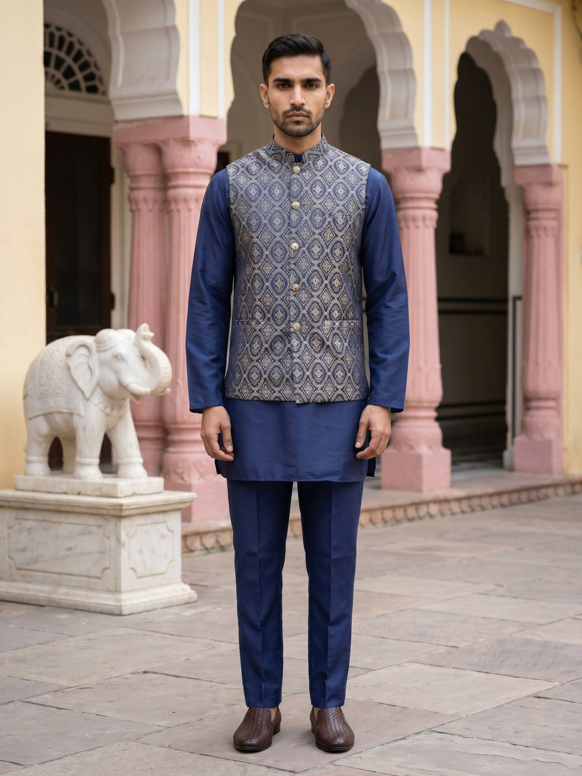 Men's Ethnic Woven Design Nehru Jacket with Kurta Pyjama ( JOKPWC 5586N 4072Brown )
