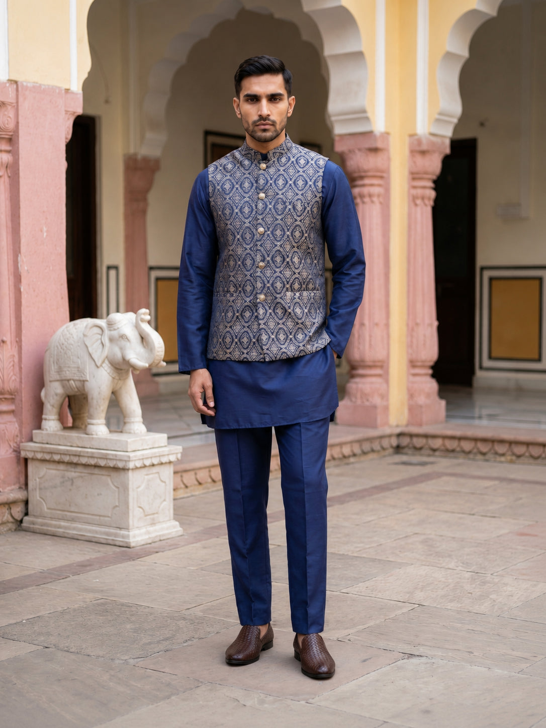 Men's Ethnic Woven Design Nehru Jacket with Kurta Pyjama ( JOKPWC 5586N 4072Brown )