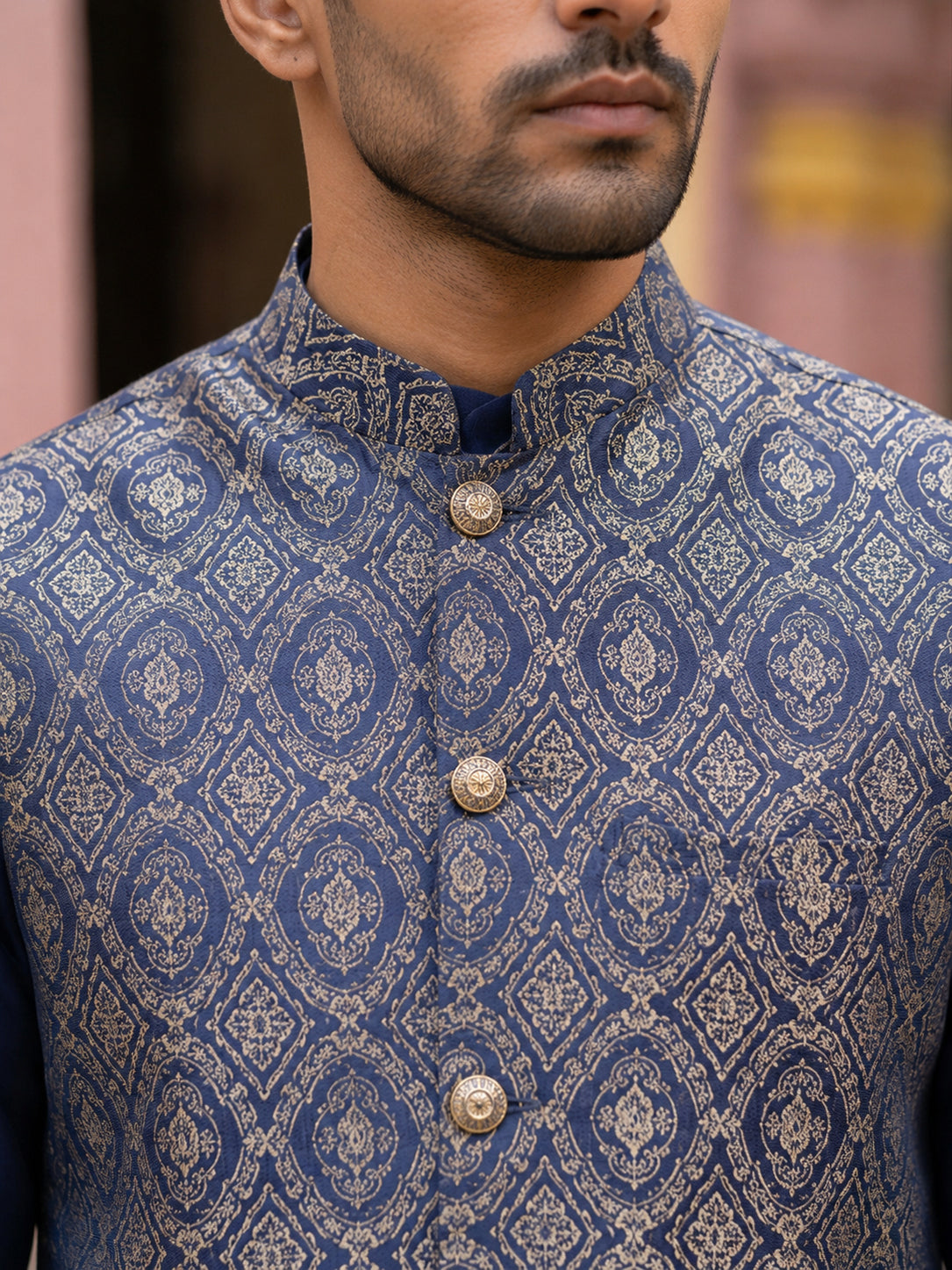 Men's Ethnic Woven Design Nehru Jacket with Kurta Pyjama ( JOKPWC 5586N 4072Brown )