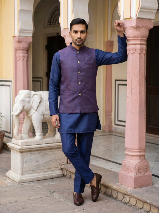 Men's Ethnic Woven Design Nehru Jacket with Kurta Pyjama ( JOKPWC 5586N 4072Maroon )