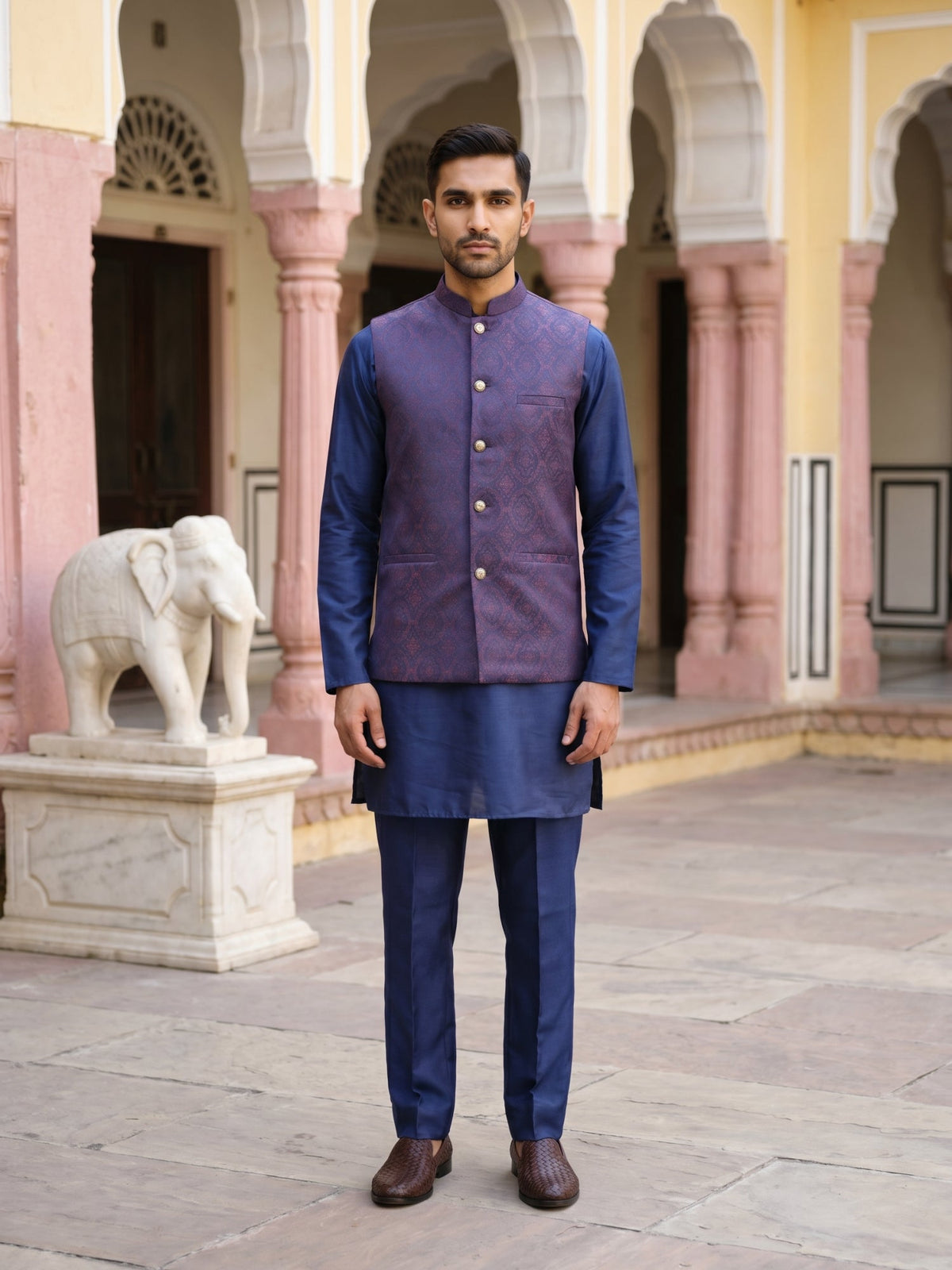Men's Ethnic Woven Design Nehru Jacket with Kurta Pyjama ( JOKPWC 5586N 4072Maroon )