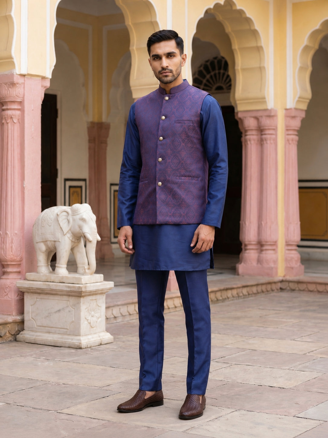 Men's Ethnic Woven Design Nehru Jacket with Kurta Pyjama ( JOKPWC 5586N 4072Maroon )