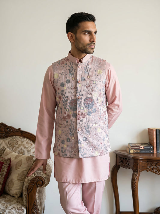 Embroidered Nehru Jacket with Kurta Pyjama Set ( JOKPWC 5586Pe 4136Peach )
