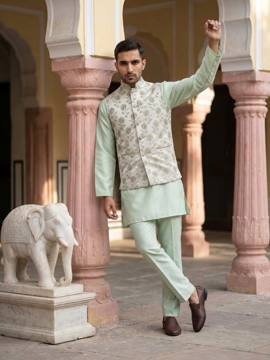 Men Ethnic Embossed Nehru Jacket Kurta Pyjama Set ( JOKPWC 5586Pi 4133Pista )