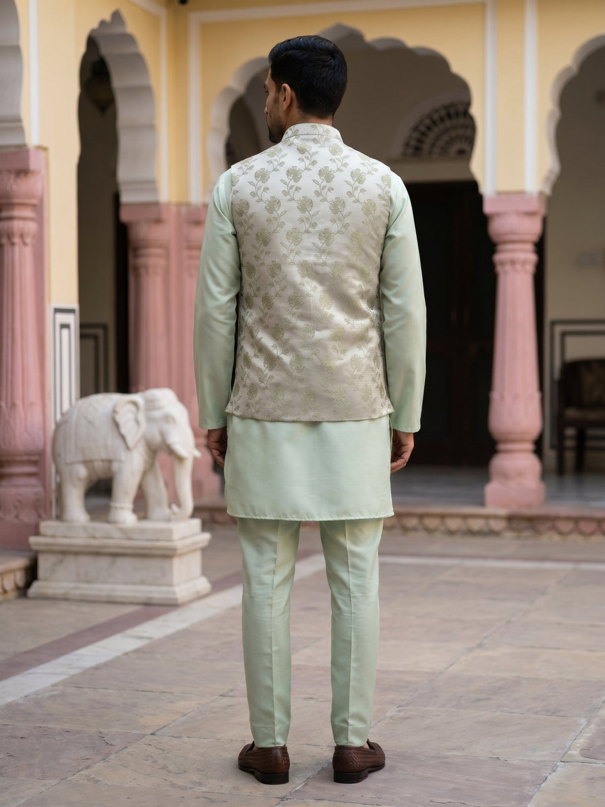 Men Ethnic Embossed Nehru Jacket Kurta Pyjama Set ( JOKPWC 5586Pi 4133Pista )