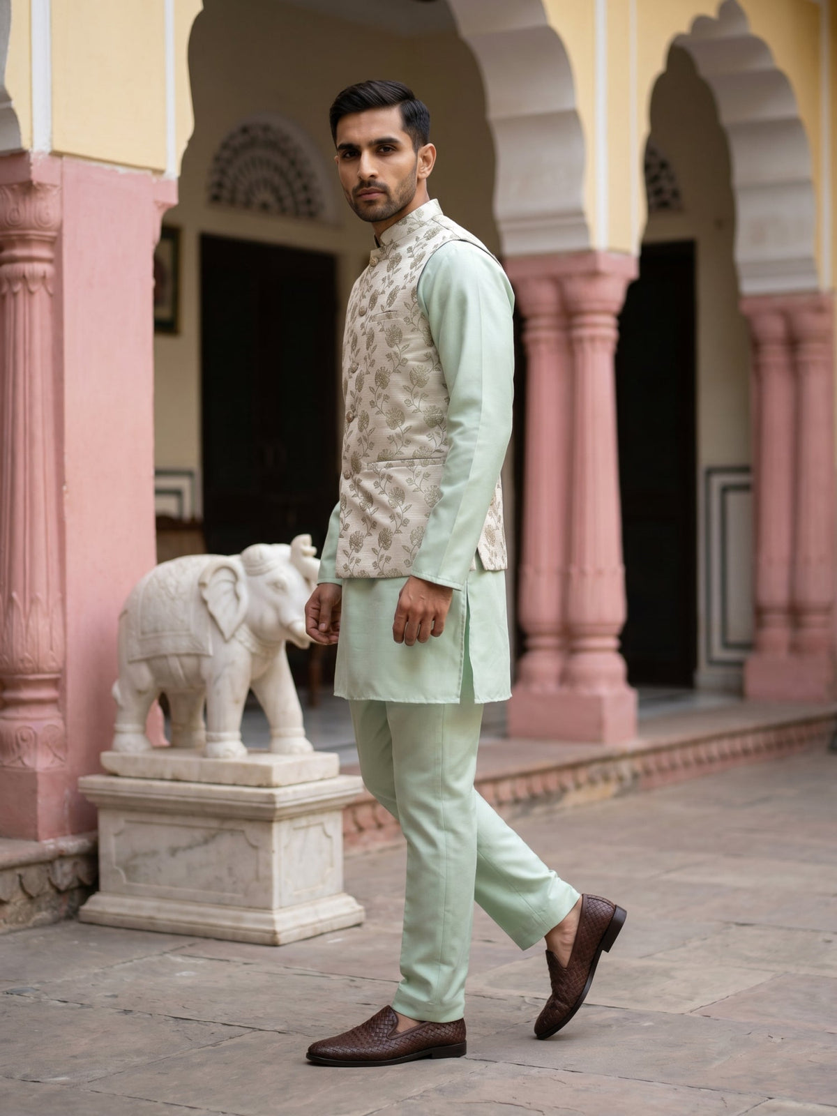 Men Ethnic Embossed Nehru Jacket Kurta Pyjama Set ( JOKPWC 5586Pi 4133Pista )