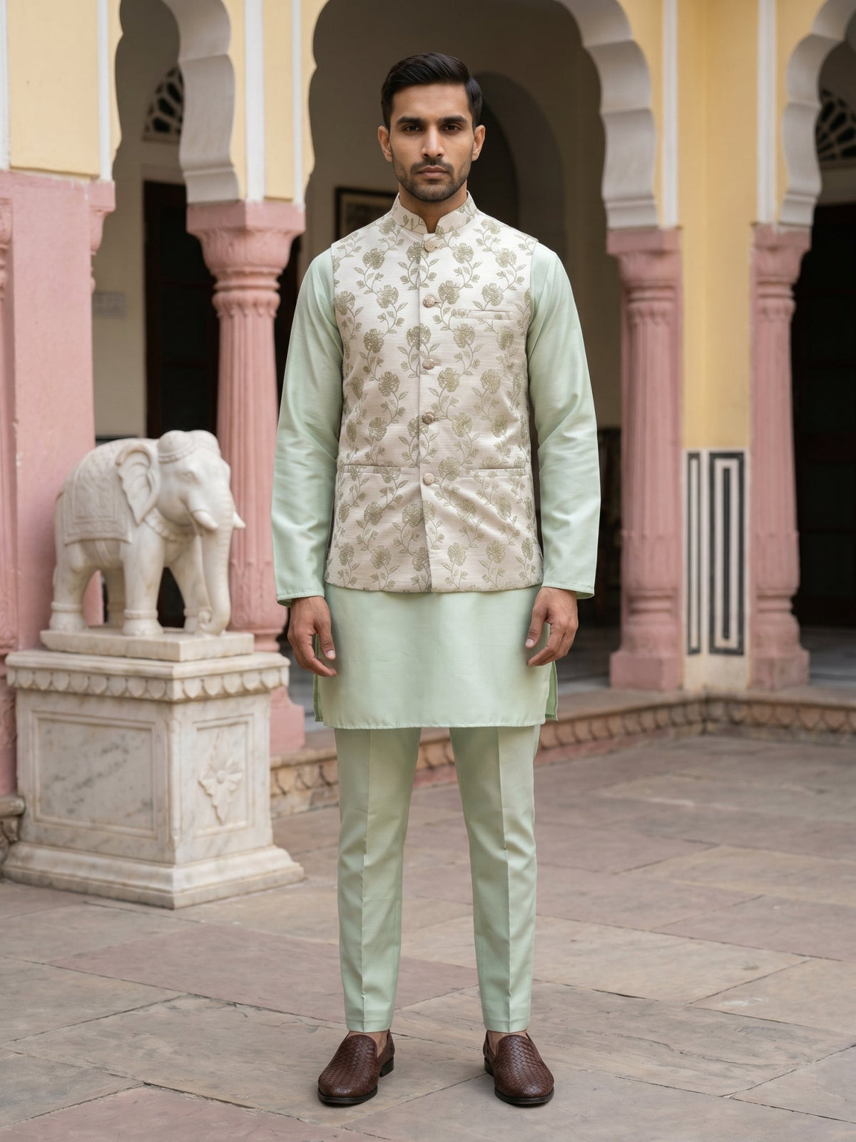 Men Ethnic Embossed Nehru Jacket Kurta Pyjama Set ( JOKPWC 5586Pi 4133Pista )