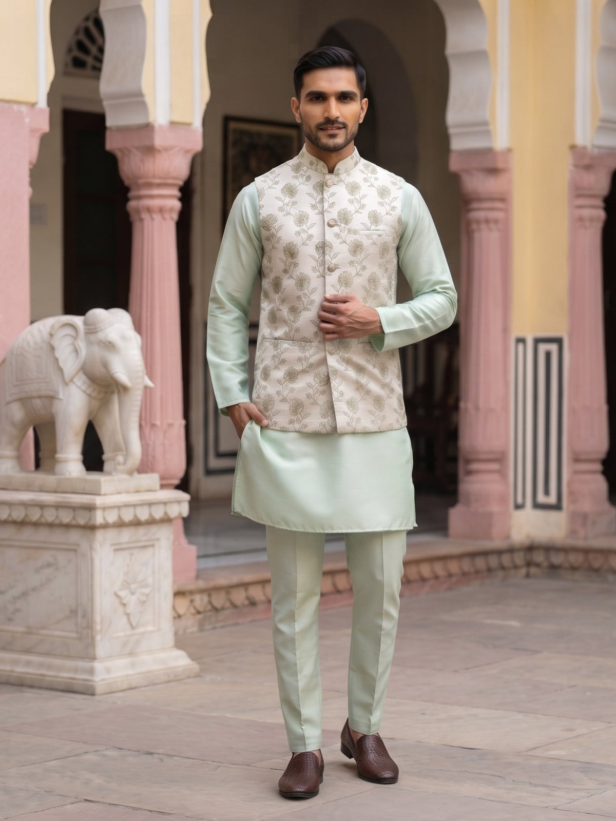 Men Ethnic Embossed Nehru Jacket Kurta Pyjama Set ( JOKPWC 5586Pi 4133Pista )