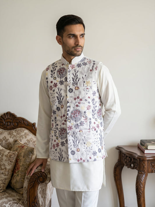 Embroidered Nehru Jacket with Kurta Pyjama Set ( JOKPWC 5586W 4136White )