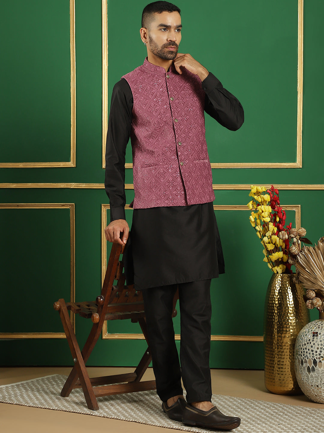 Men's Velvet Nehru Jacket With Solid Kurta Pyjama