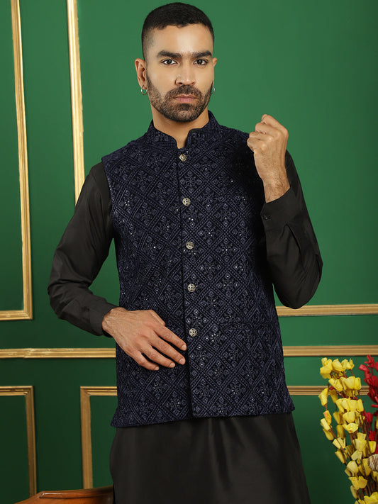 Men's Velvet Nehru Jacket With Solid Kurta Pyjama