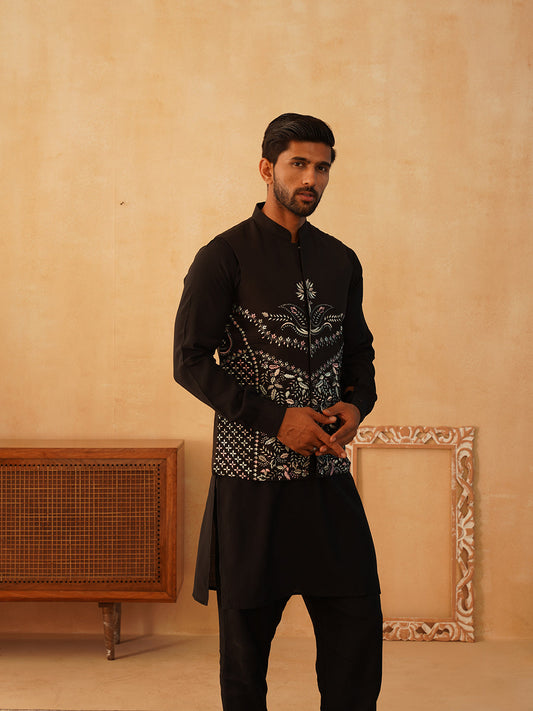 Embroidered Nehru Jacket With Solid Kurta Pyjama Set ( JOKPWC 592B 4107Black )