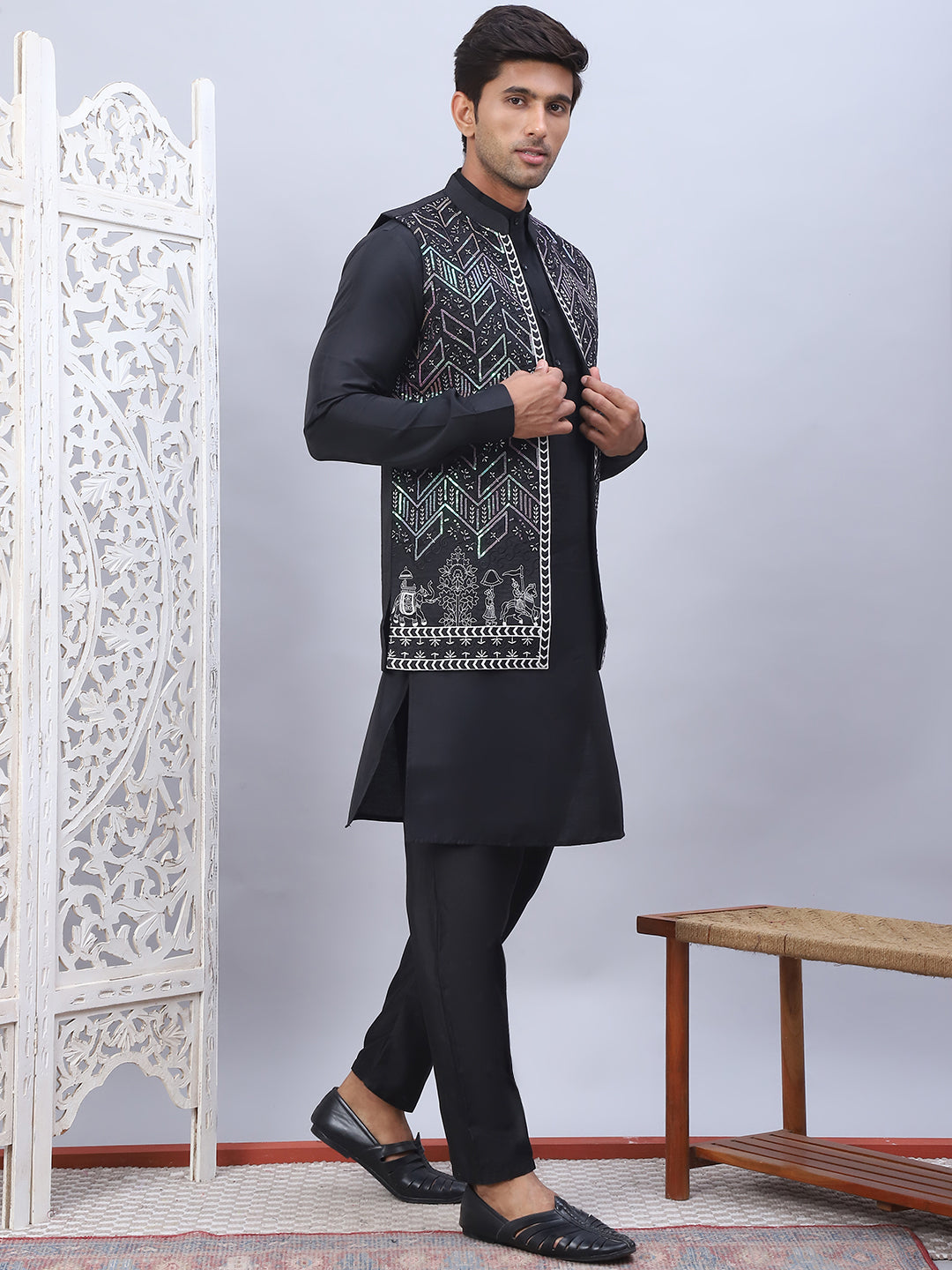 Embroidered Nehru Jacket With Solid Kurta Pyjama Set