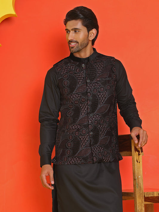 Embroidered Velvet Nehru Jacket With Solid Kurta Pyjama ( JOKPWC 592B 4123 Black )