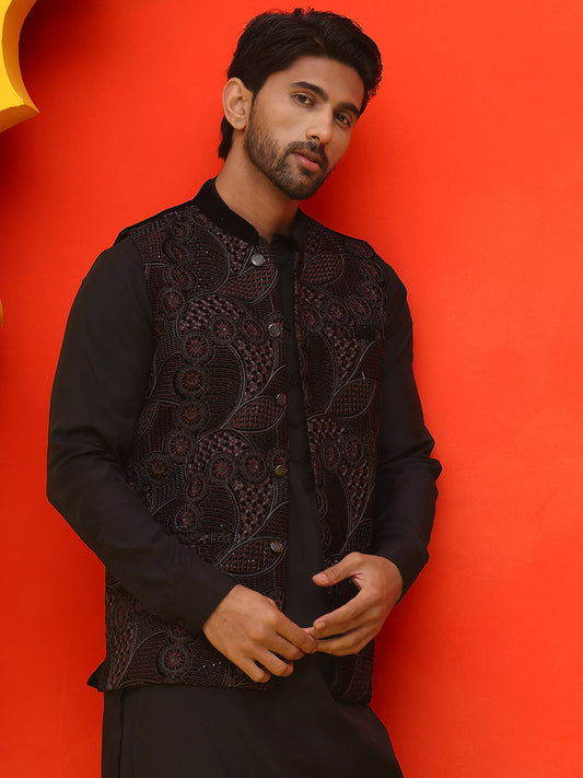 Embroidered Velvet Nehru Jacket With Solid Kurta Pyjama ( JOKPWC 592B 4123 Black )
