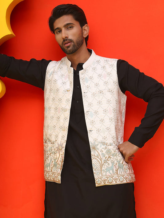 Embroidered Nehru Jacket With Solid Kurta Pyjama ( JOKPWC 592B 4124 White )