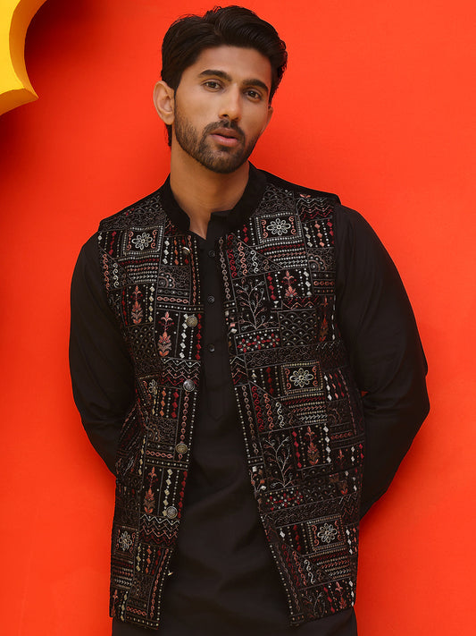 Embroidered Velvet Nehru Jacket With Solid Kurta Pyjama ( JOKPWC 592B 4125 Black )