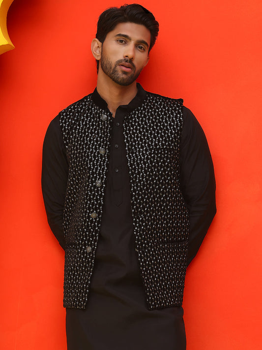 Embroidered Velvet Nehru Jacket With Solid Kurta Pyjama ( JOKPWC 592B 4126 Black )