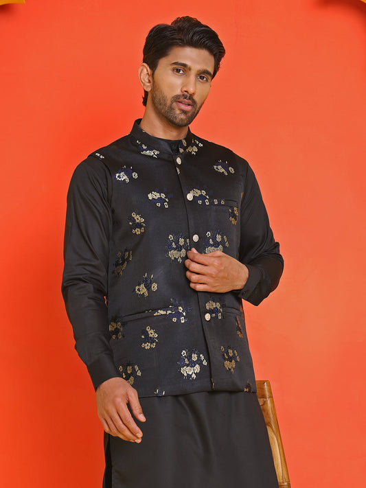 Embossed  Nehru Jacket With Solid Kurta Pyjama ( JOKPWC 592B 4130 Black )