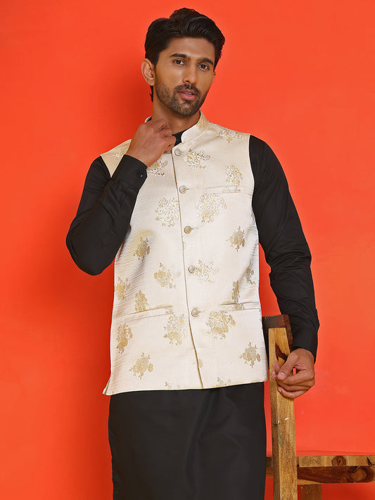 Embossed  Nehru Jacket With Solid Kurta Pyjama ( JOKPWC 592B 4130 Cream )