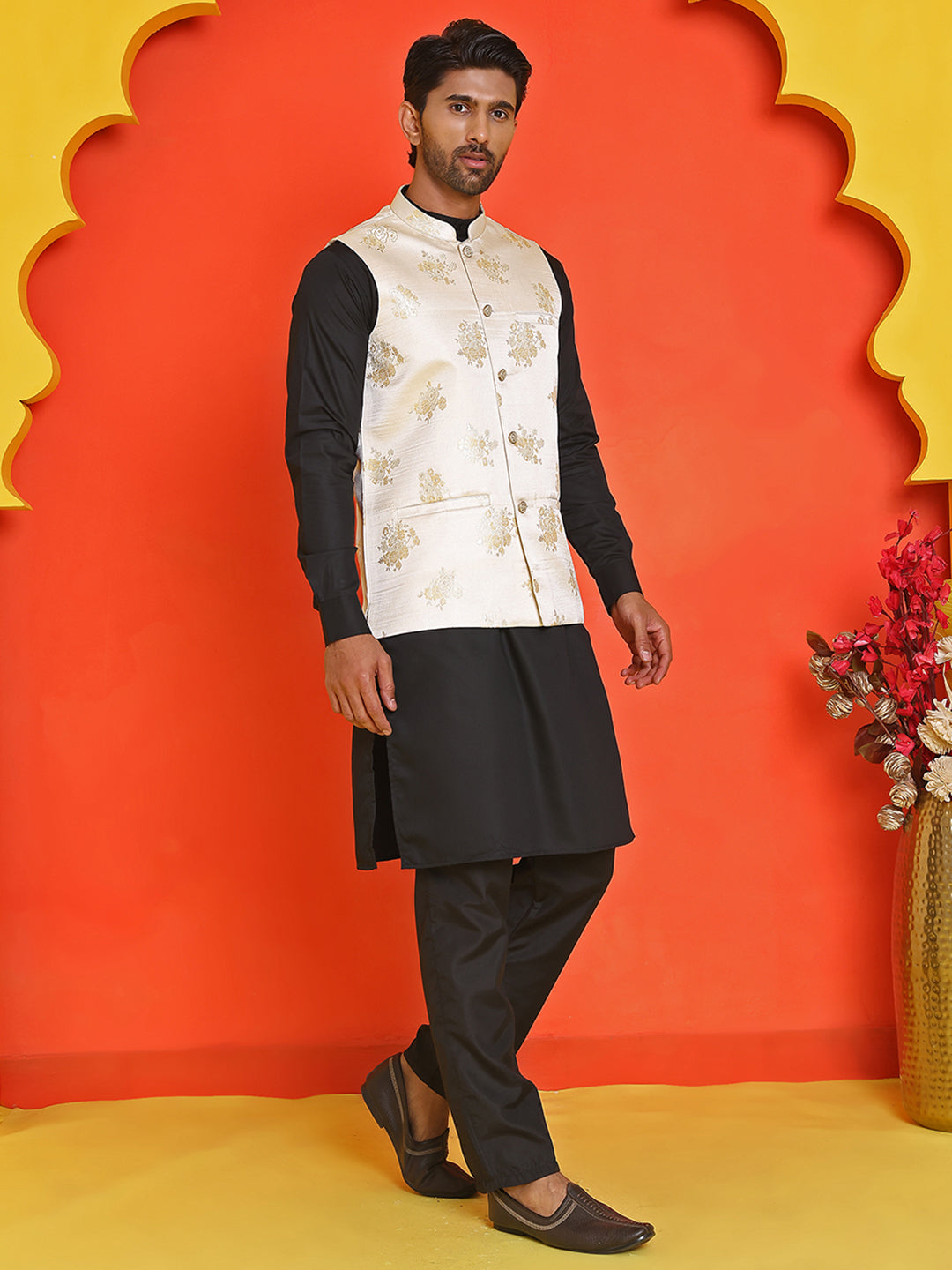 Embossed  Nehru Jacket With Solid Kurta Pyjama ( JOKPWC 592B 4130 Cream )