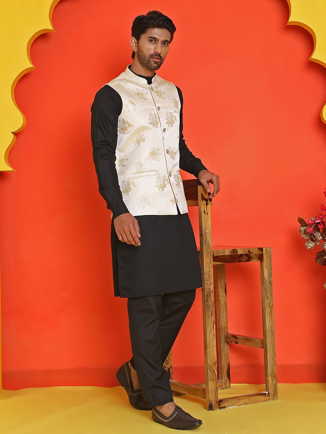 Embossed  Nehru Jacket With Solid Kurta Pyjama ( JOKPWC 592B 4130 Cream )