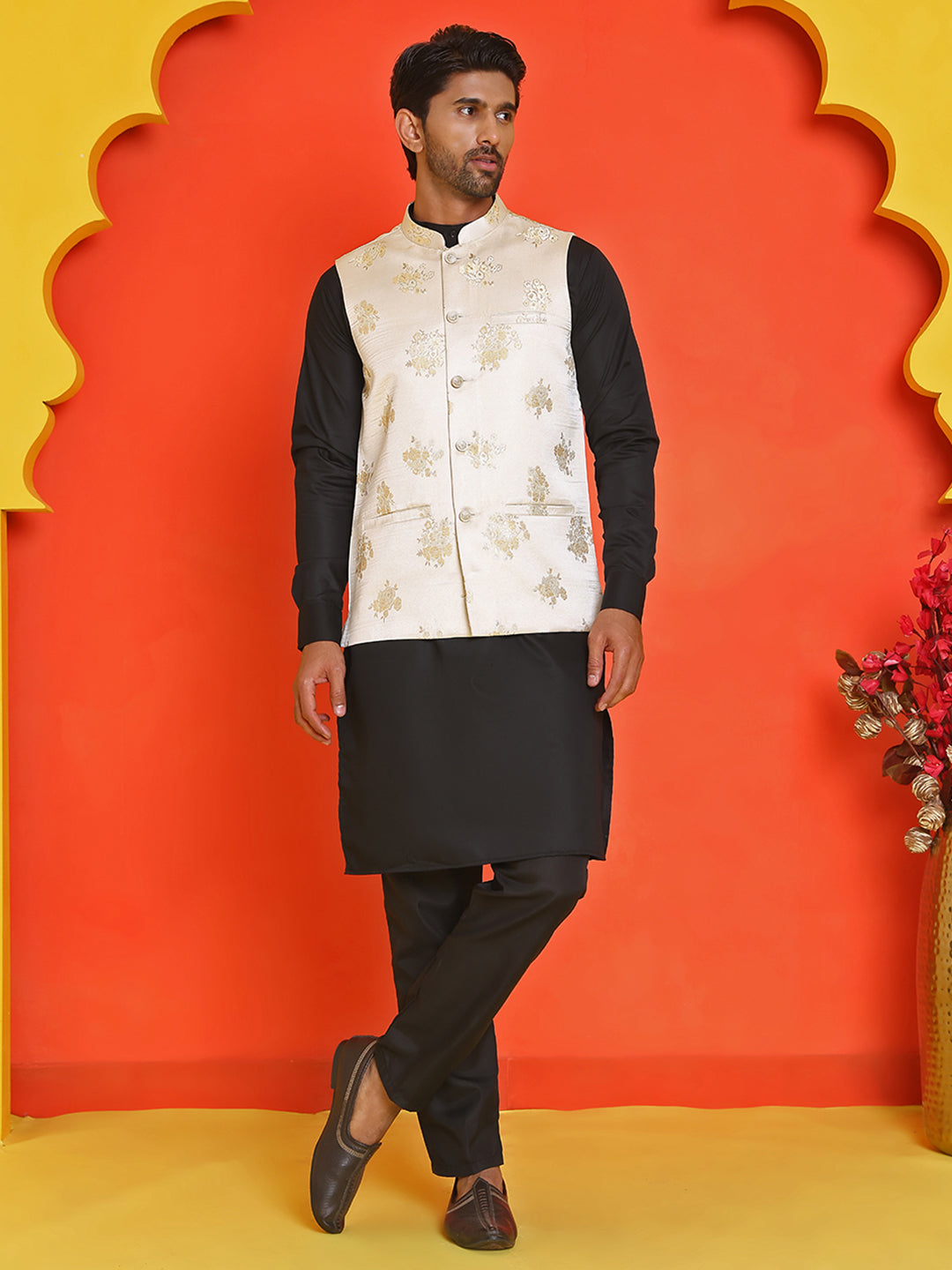 Embossed  Nehru Jacket With Solid Kurta Pyjama ( JOKPWC 592B 4130 Cream )