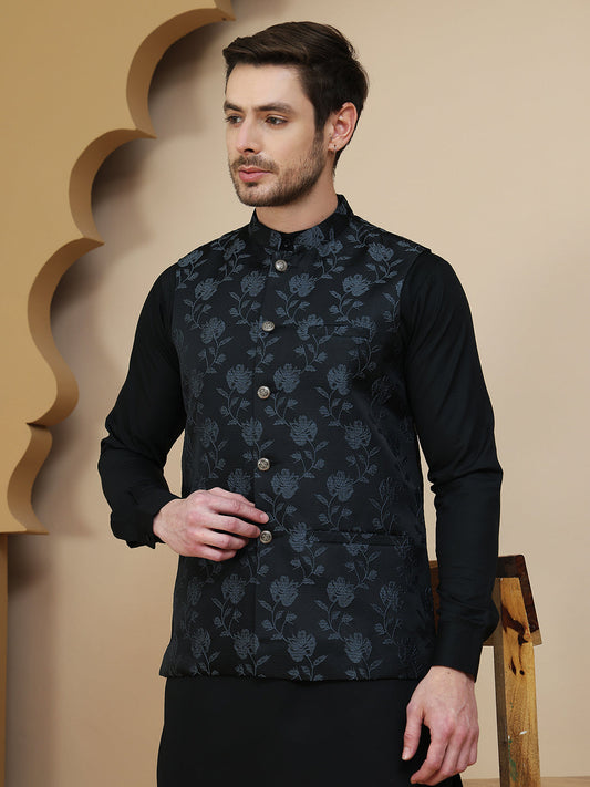 Embossed Nehru Jacket with Solid Kurta Set for Men ( JOKPWC 592B 4133 Grey )