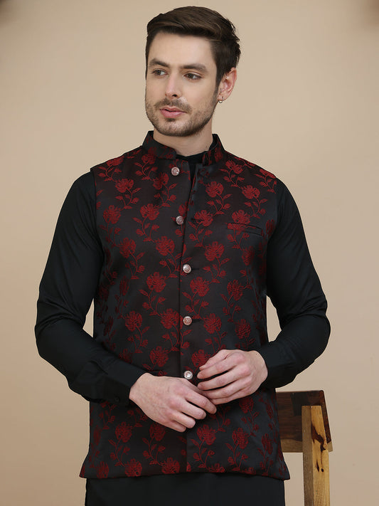 Embossed Nehru Jacket with Solid Kurta Set for Men ( JOKPWC 592B 4133 Maroon )