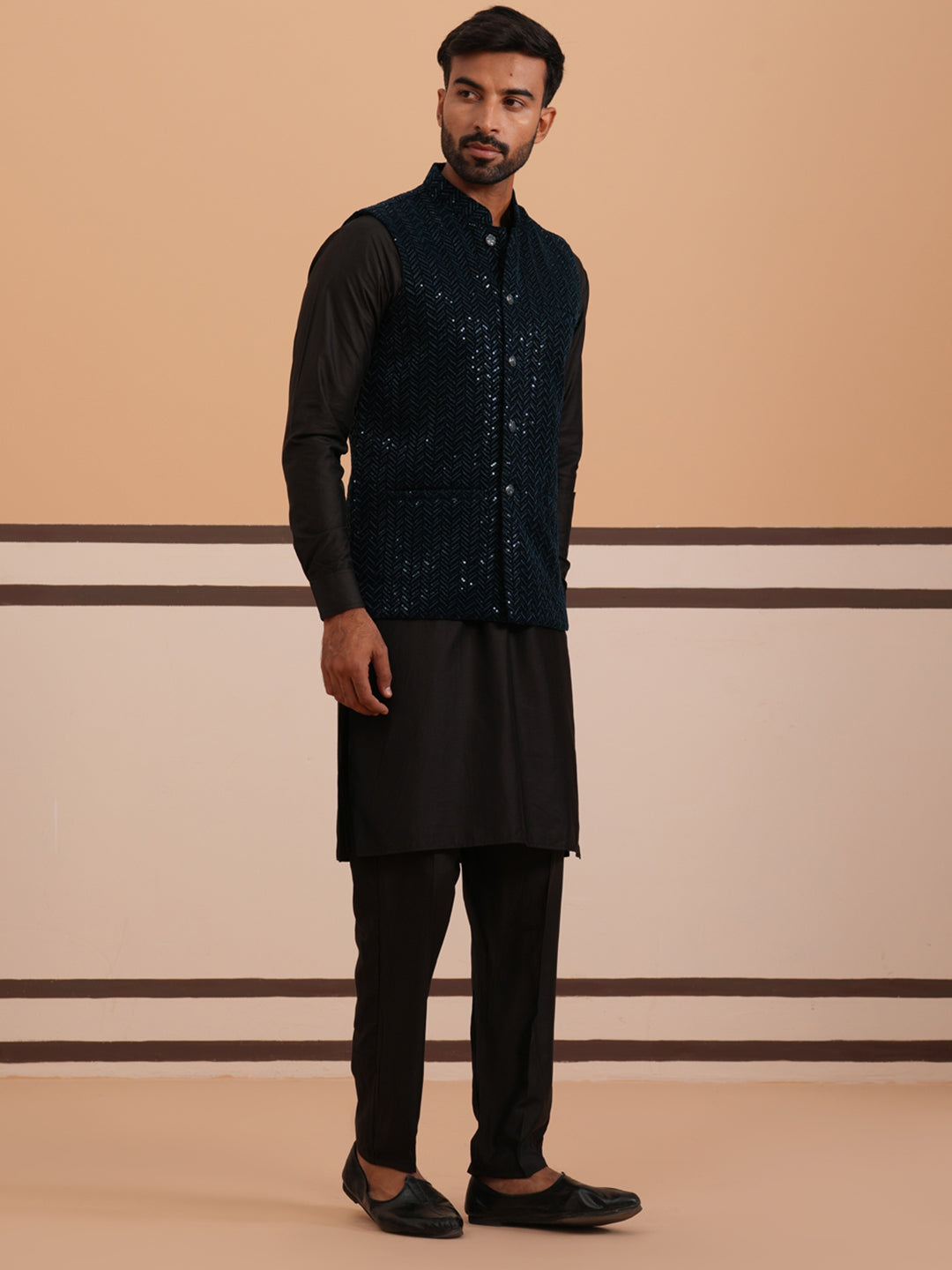 Luxury Velvet Nehru Jacket Paired with Solid Kurta Pyjama ( JOKPWC 592B 4144 B 4144Navy )