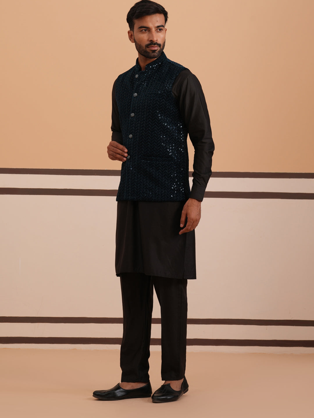 Luxury Velvet Nehru Jacket Paired with Solid Kurta Pyjama ( JOKPWC 592B 4144 B 4144Navy )