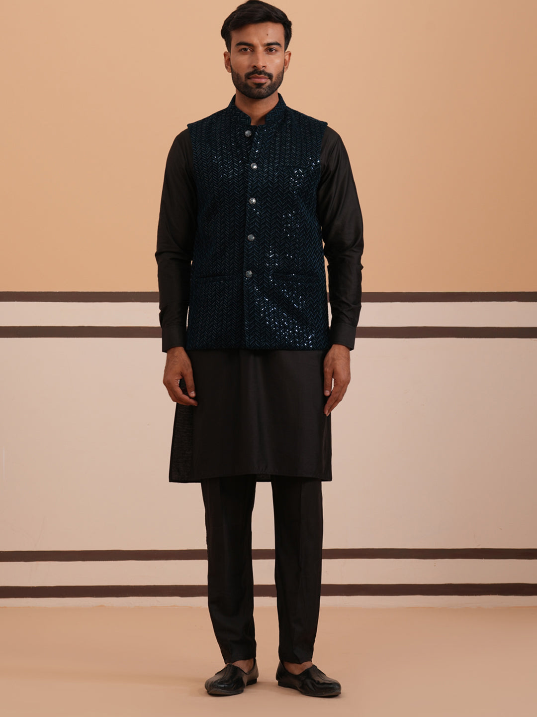 Luxury Velvet Nehru Jacket Paired with Solid Kurta Pyjama ( JOKPWC 592B 4144 B 4144Navy )