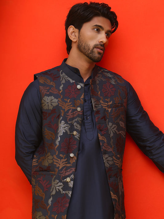 Embroidered Nehru Jacket With Solid Kurta Pyjama ( JOKPWC 592N 4127 Navy )