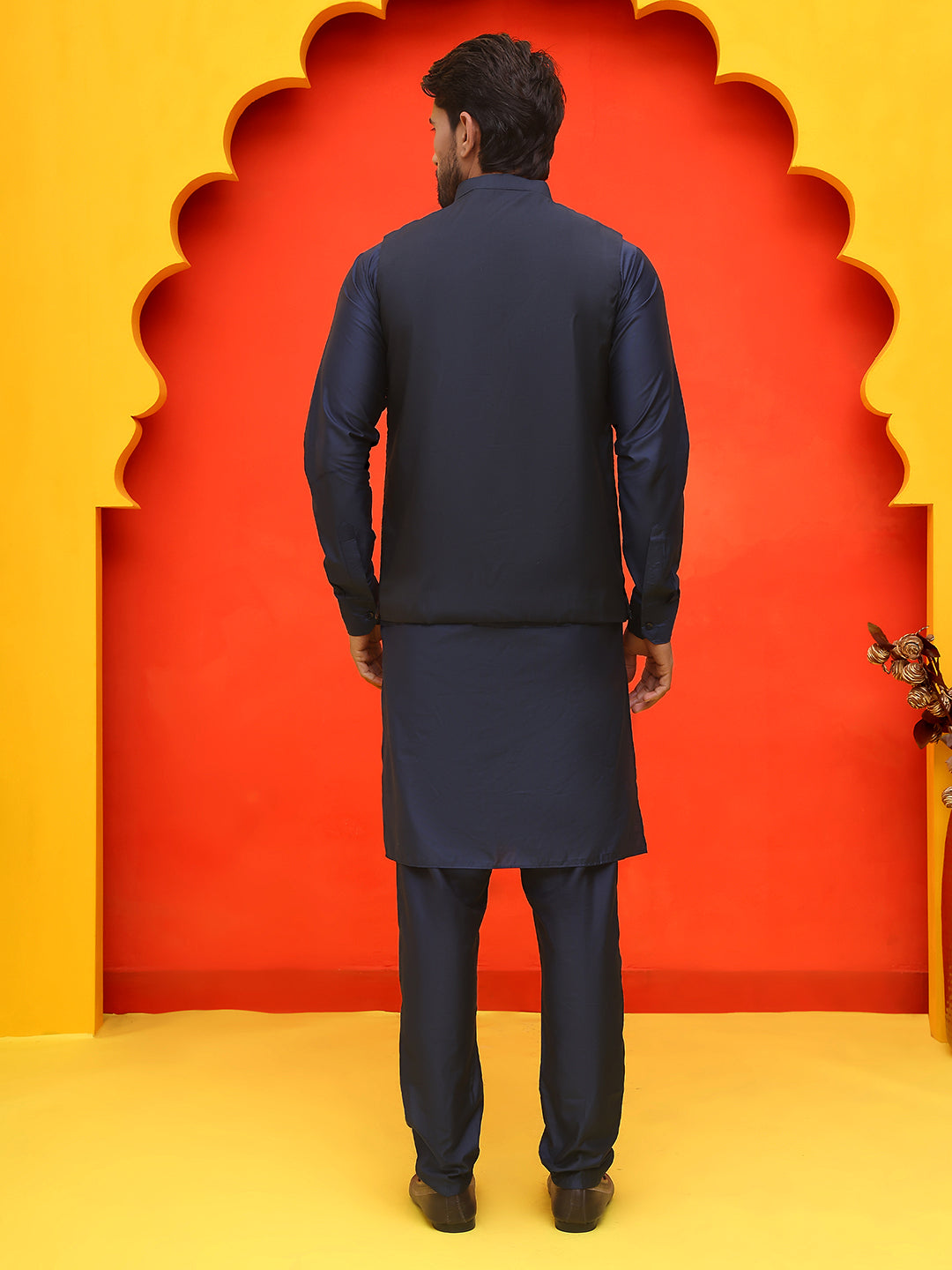 Embroidered Nehru Jacket With Solid Kurta Pyjama ( JOKPWC 592N 4127 Navy )