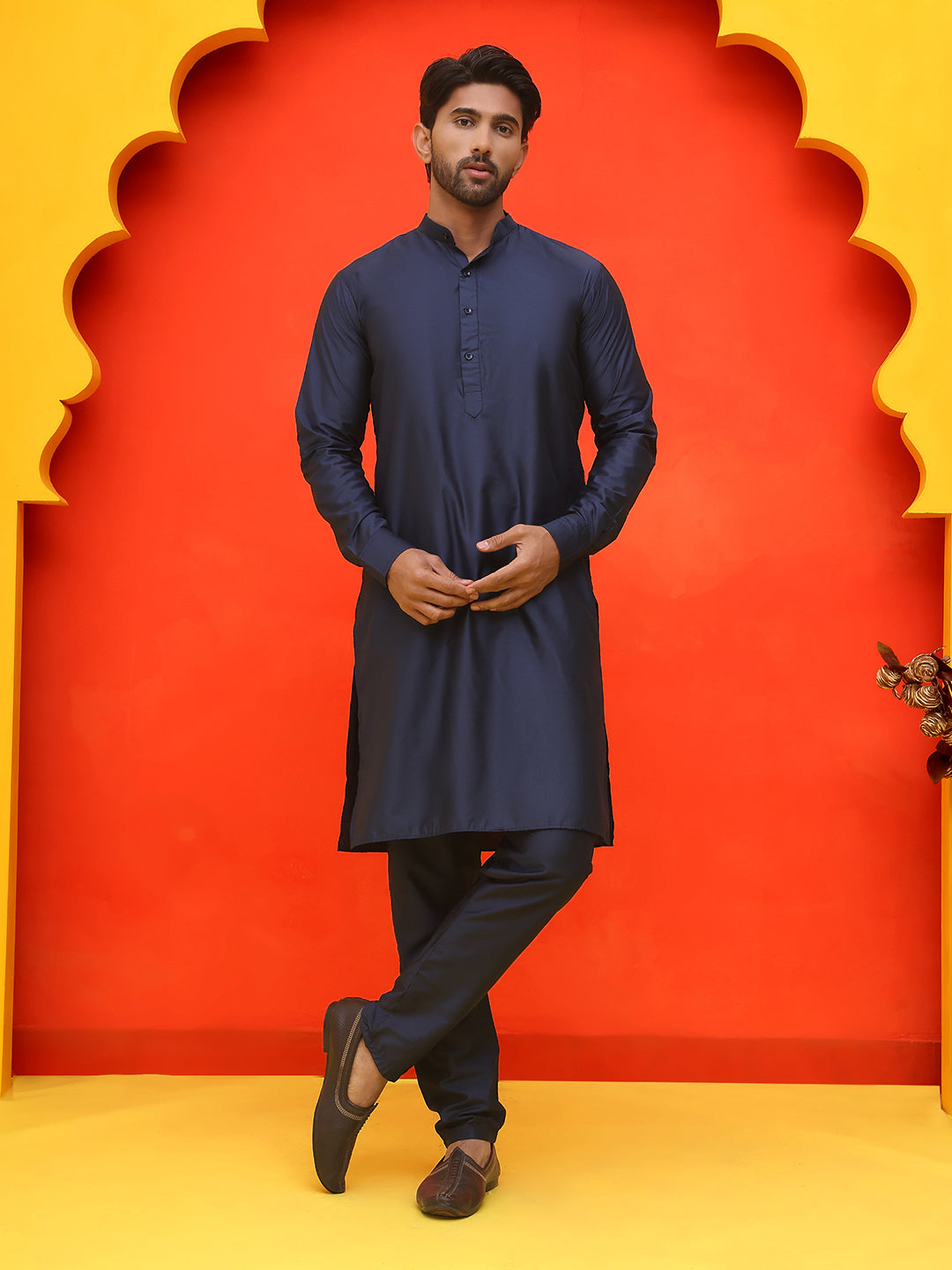 Embroidered Nehru Jacket With Solid Kurta Pyjama ( JOKPWC 592N 4127 Navy )