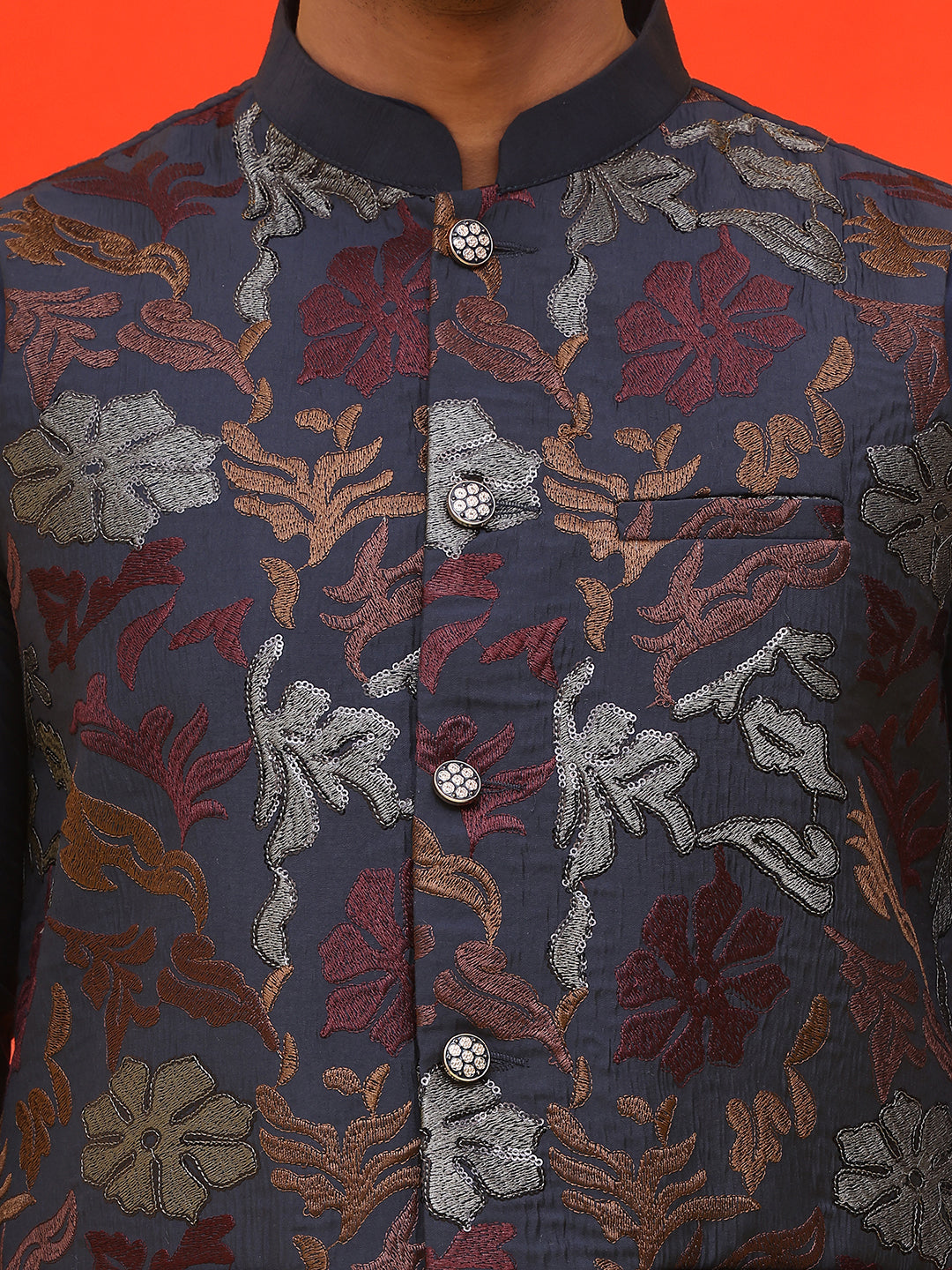 Embroidered Nehru Jacket With Solid Kurta Pyjama ( JOKPWC 592N 4127 Navy )