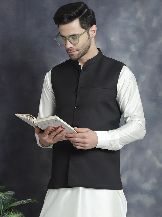 Men's Solid Nehru Jacket with White Kurta & Churidar ( JOKPWC 592W 4046Black )