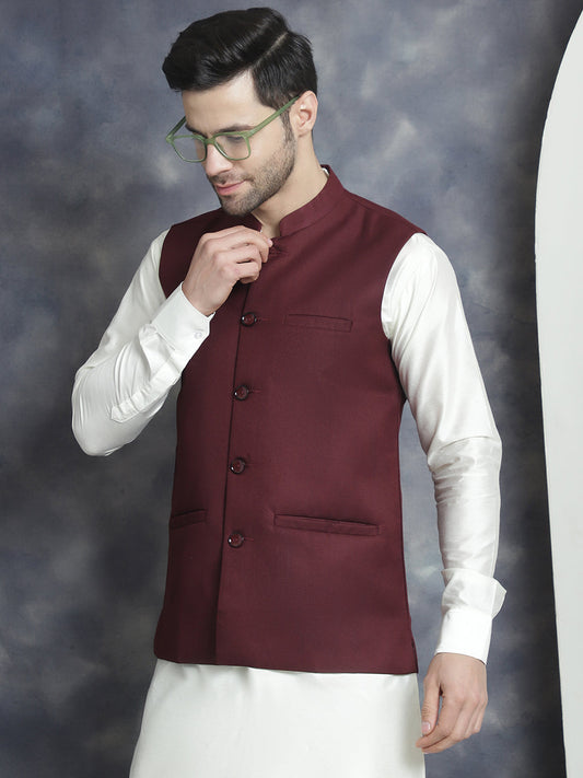 Men's Solid Nehru Jacket with White Kurta & Churidar ( JOKPWC 592W 4046Maroon )
