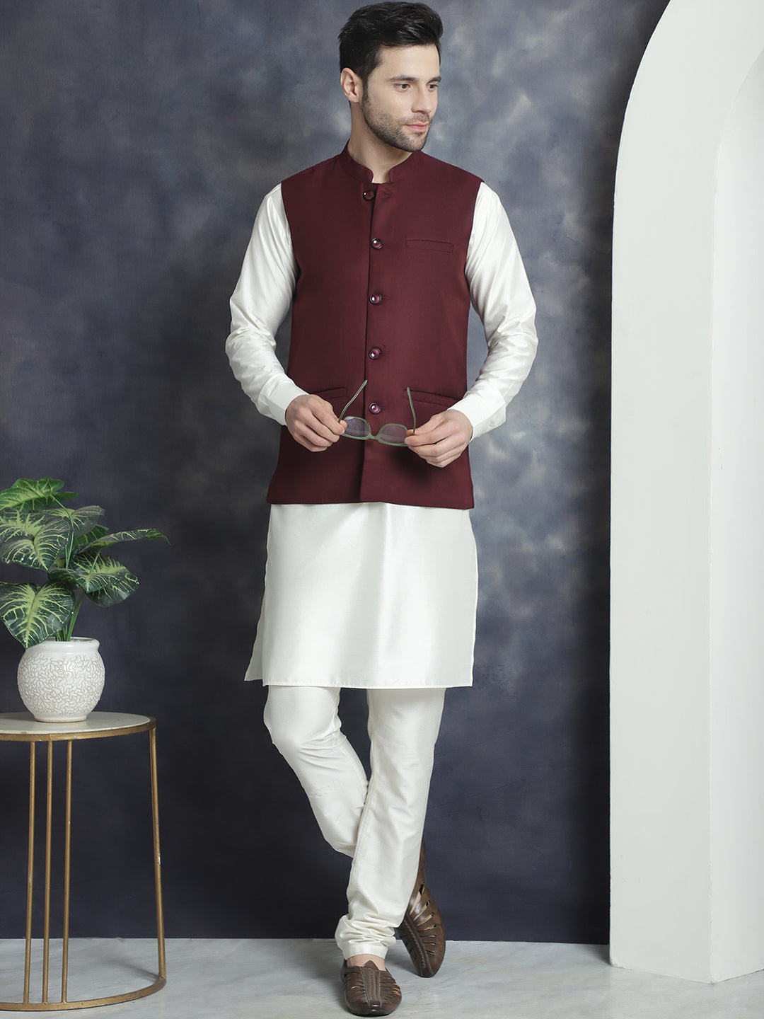 Men's Solid Nehru Jacket with White Kurta & Churidar ( JOKPWC 592W 4046Maroon )